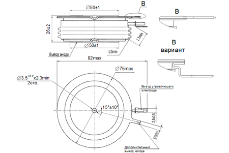 Рис.1. Габаритные и присоединительные размеры тиристоров Т353-630, Т653-630